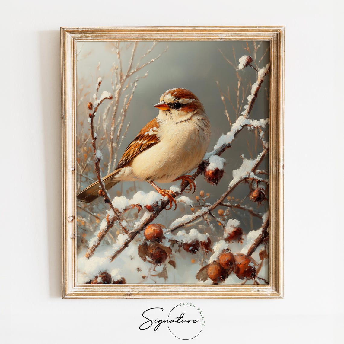 Tree Sparrow on Snowy Branch With Winter Berries Holiday Bird Poster
