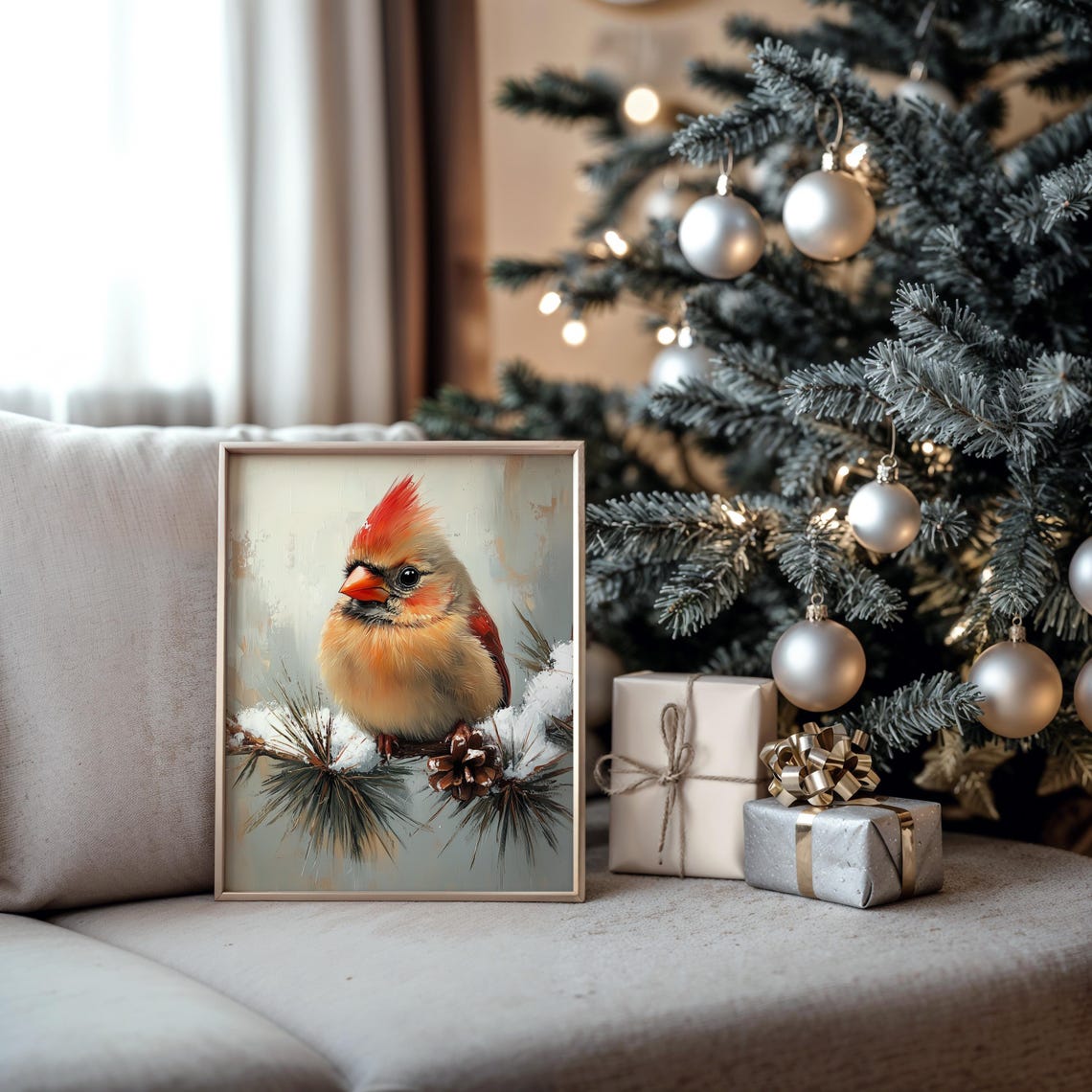 Female Cardinal Snowy Pine Branch Pinecone Winter Bird Painting Poster - Image 5