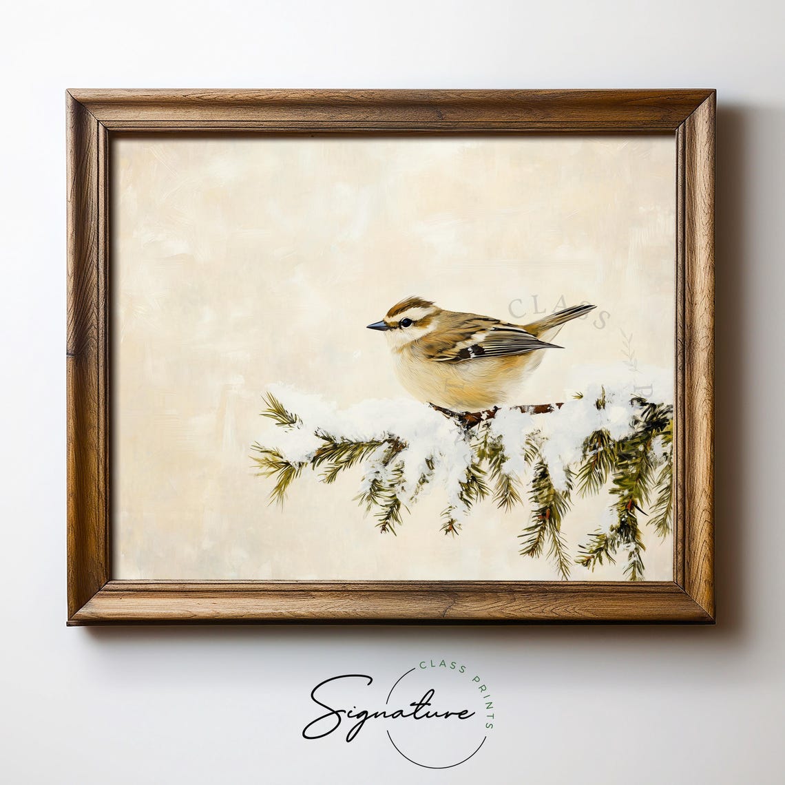 Small Songbird on Snowy Fir Branch Soft Winter Bird Art Poster - Image 5