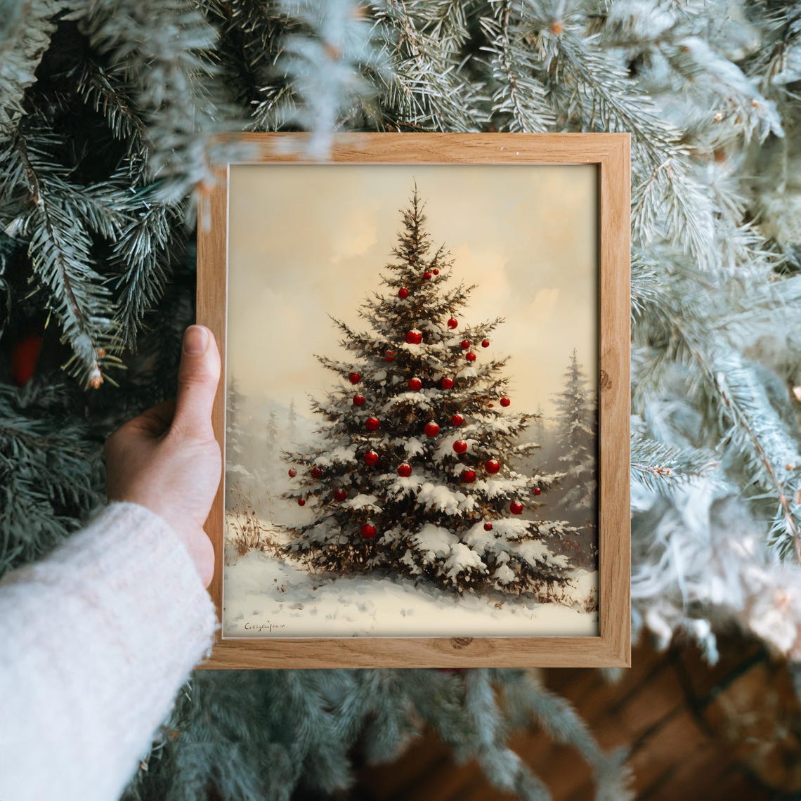 Snow Covered Fir Tree With Red Ornaments Winter Scene Poster - Image 6
