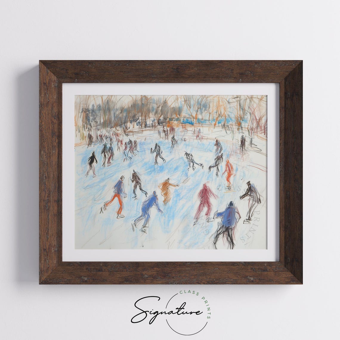 Group Ice Skating On Frozen Pond Loose Sketch Style Winter Poster - Image 5