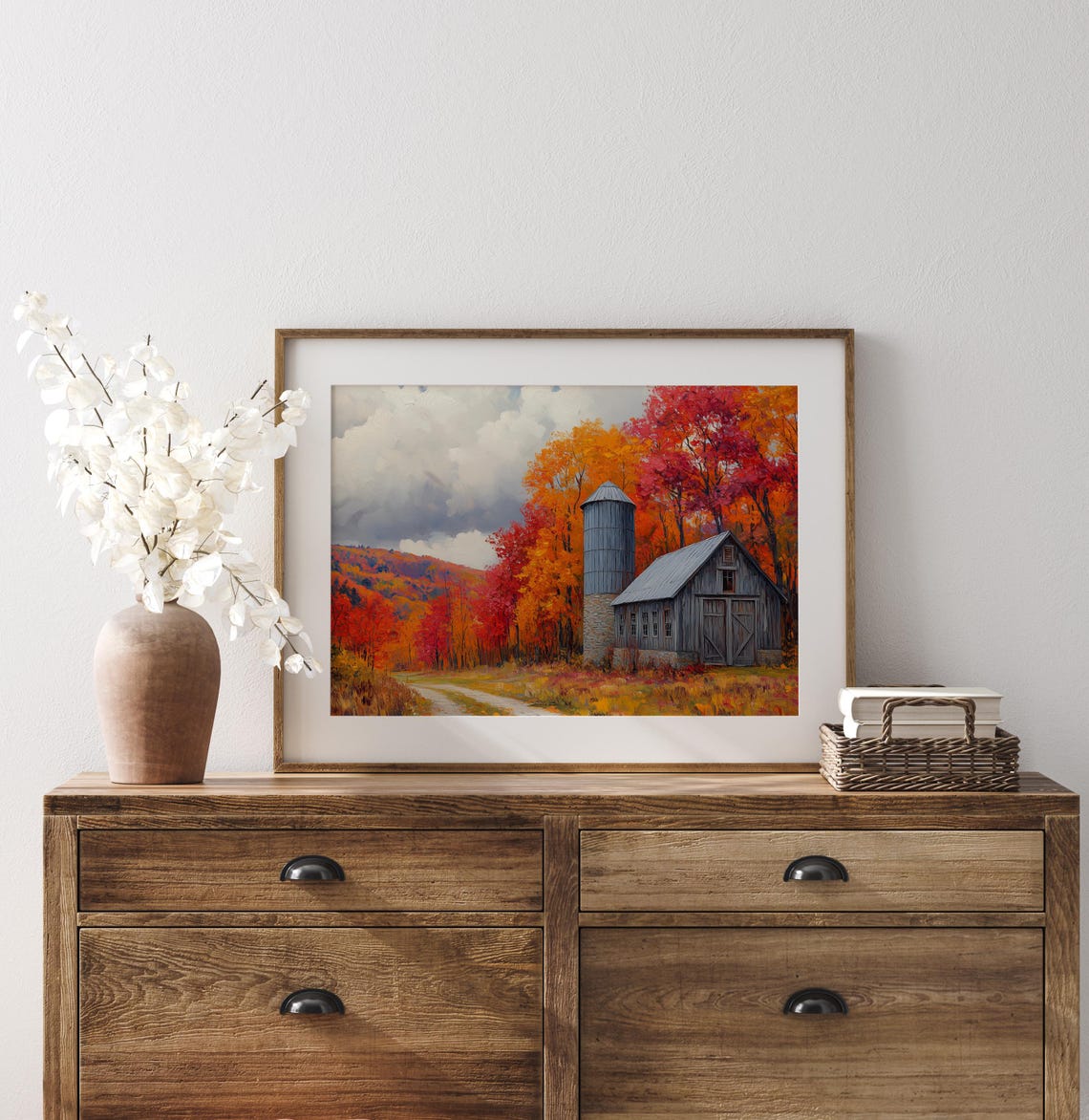 Gray Barn and Stone Silo Among Vivid Red Autumn Foliage Poster - Image 3