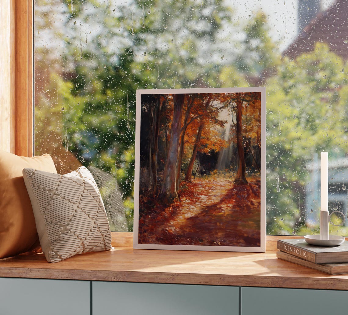 Moody Autumn Forest Path Sunbeams Fiery Fall Foliage Art Poster - Image 2