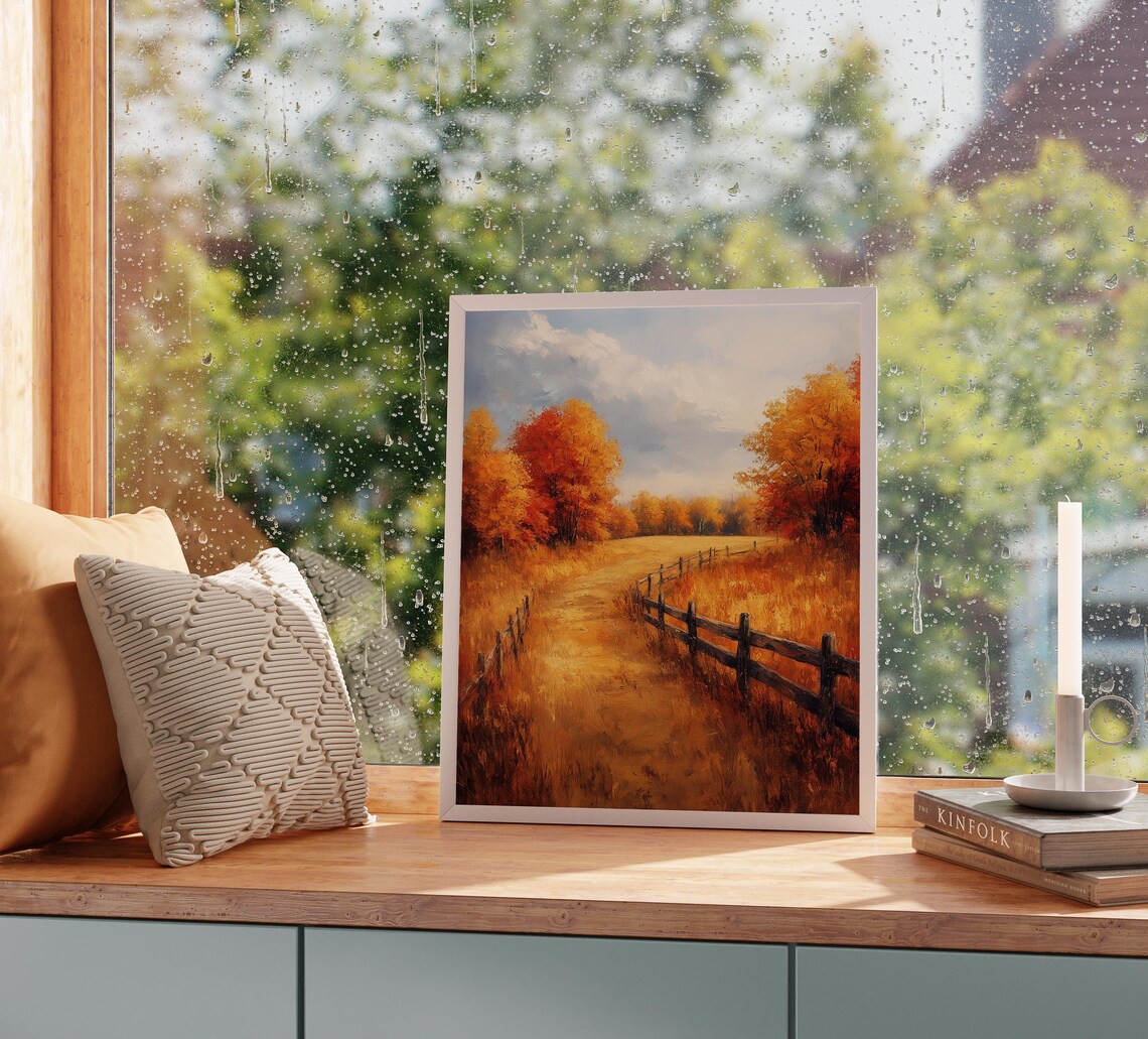Country Lane Wooden Fence Autumn Trees Golden Grass Field Poster - Image 2