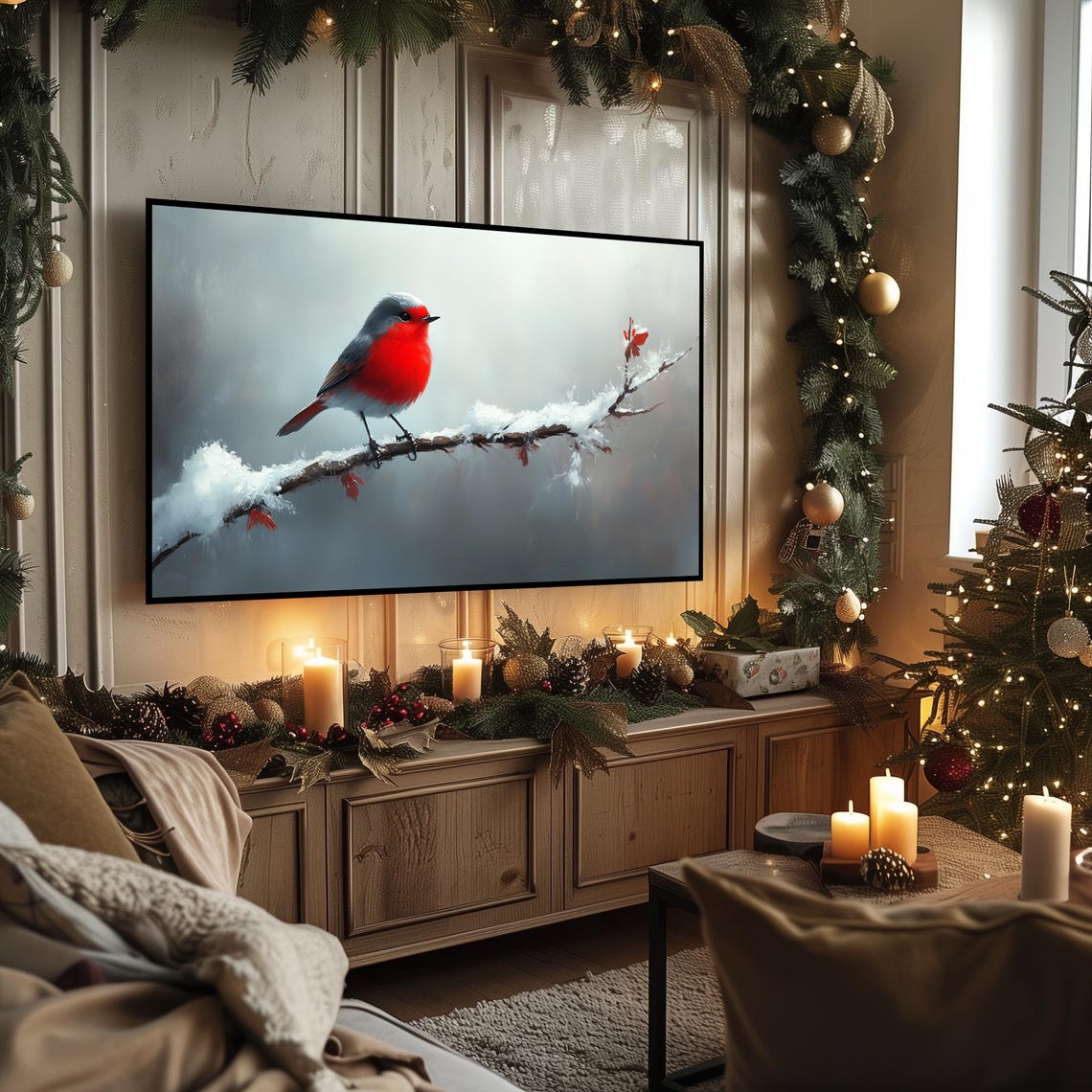 European Robin on Snowy Branch Bright Red Winter Bird Art Poster - Image 3