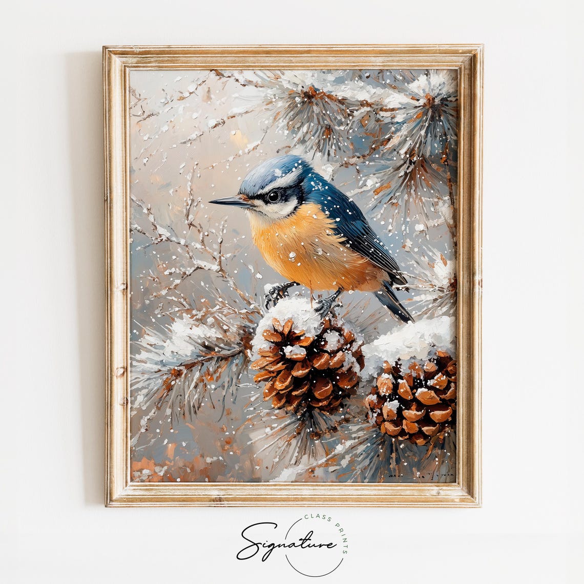 Nuthatch Perched On Snowy Pinecone Frosty Evergreen Bird Art Poster