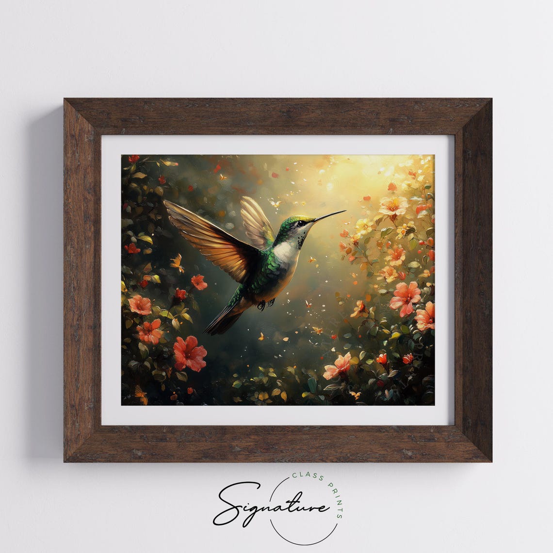 Sunlit Hummingbird Among Red Orange Blossoms Dramatic Poster - Image 3