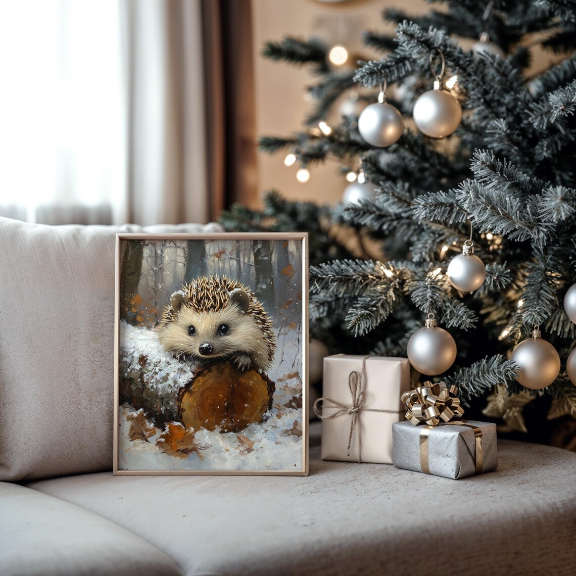 Cute Hedgehog Snowy Log Winter Woodland Forest Animal Oil Painting Poster - Image 5
