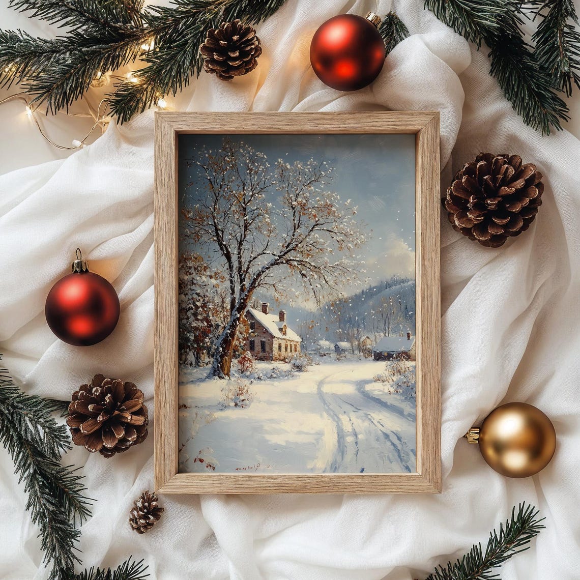 Snowy Village With Big Oak Tree And Cottages At Midday Poster - Image 4