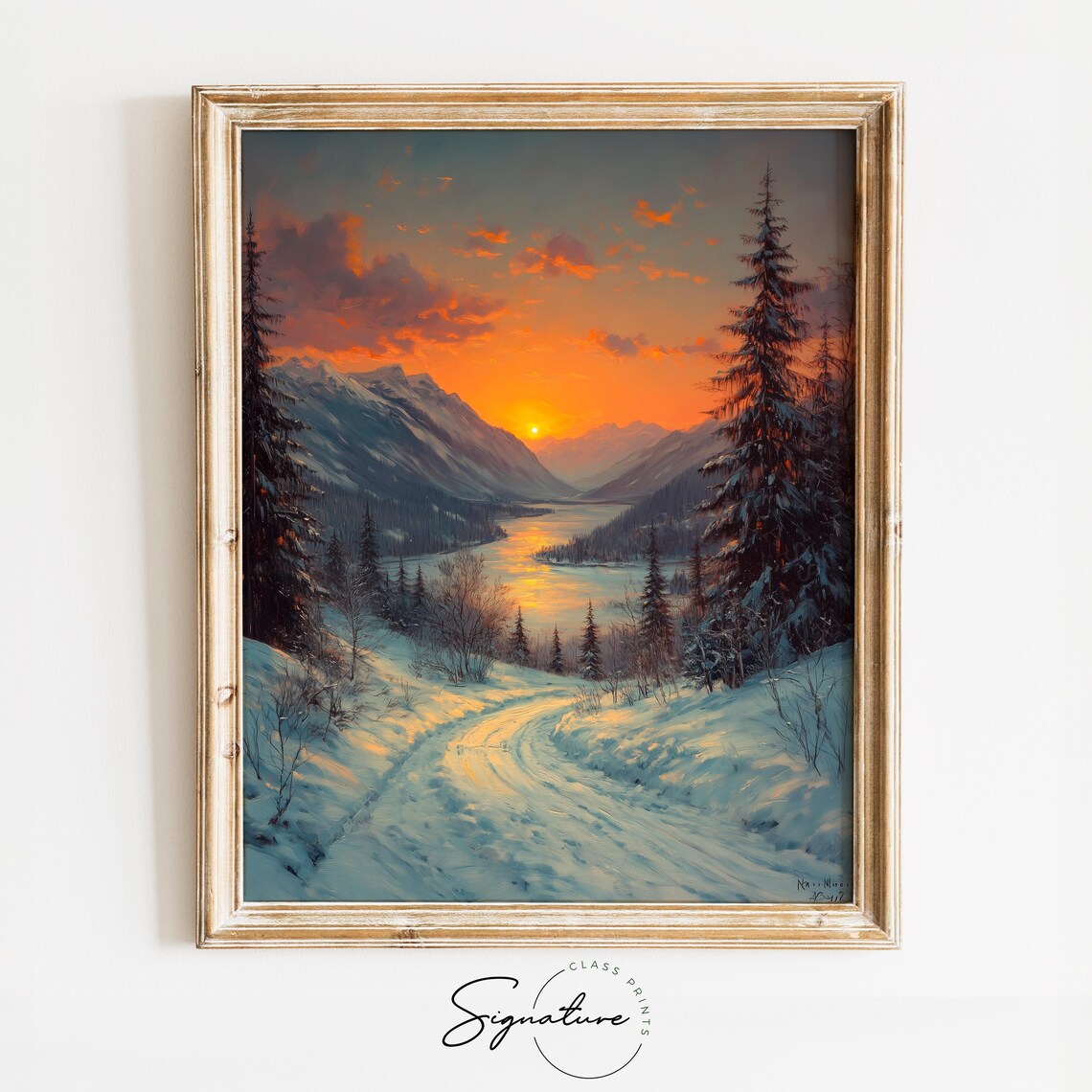 Sunset Reflecting On A Lake Between Snowy Peaks Oil Painting Style Poster