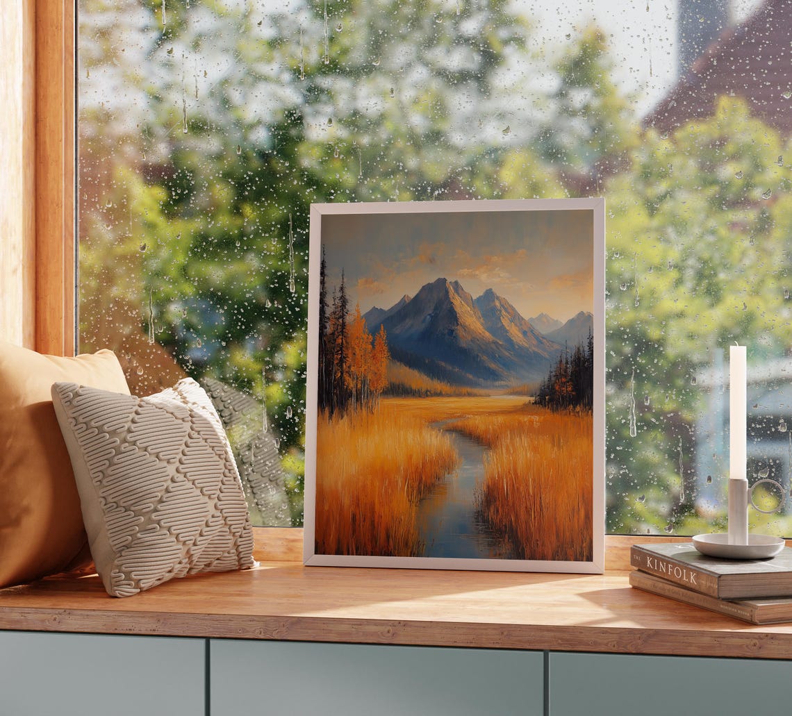 Golden Meadow Stream Leading To Blue Autumn Mountains Scenic Poster - Image 2