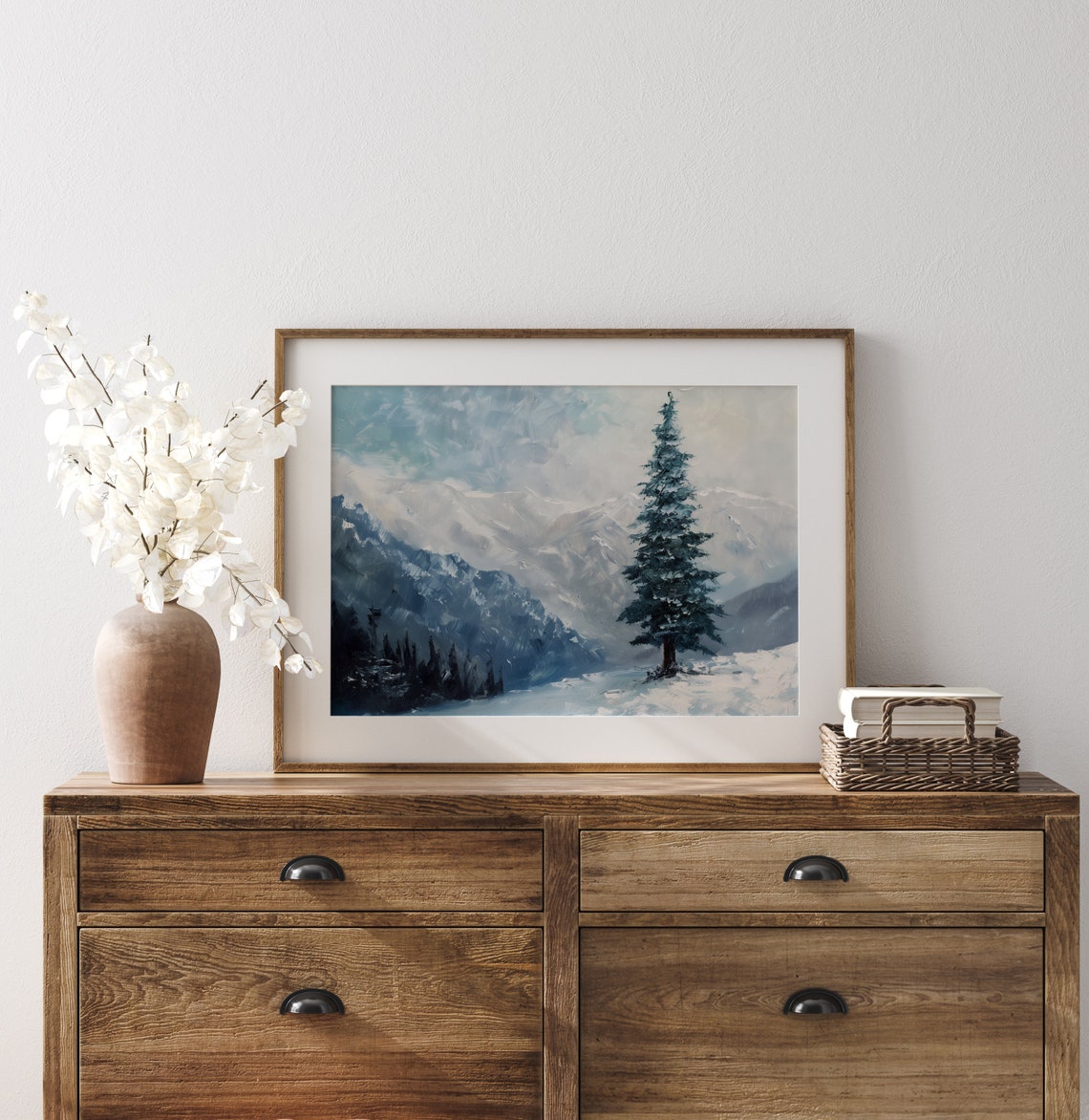 Tall Lone Spruce Before Blue Mountain Winter Snow Scene Poster - Image 3
