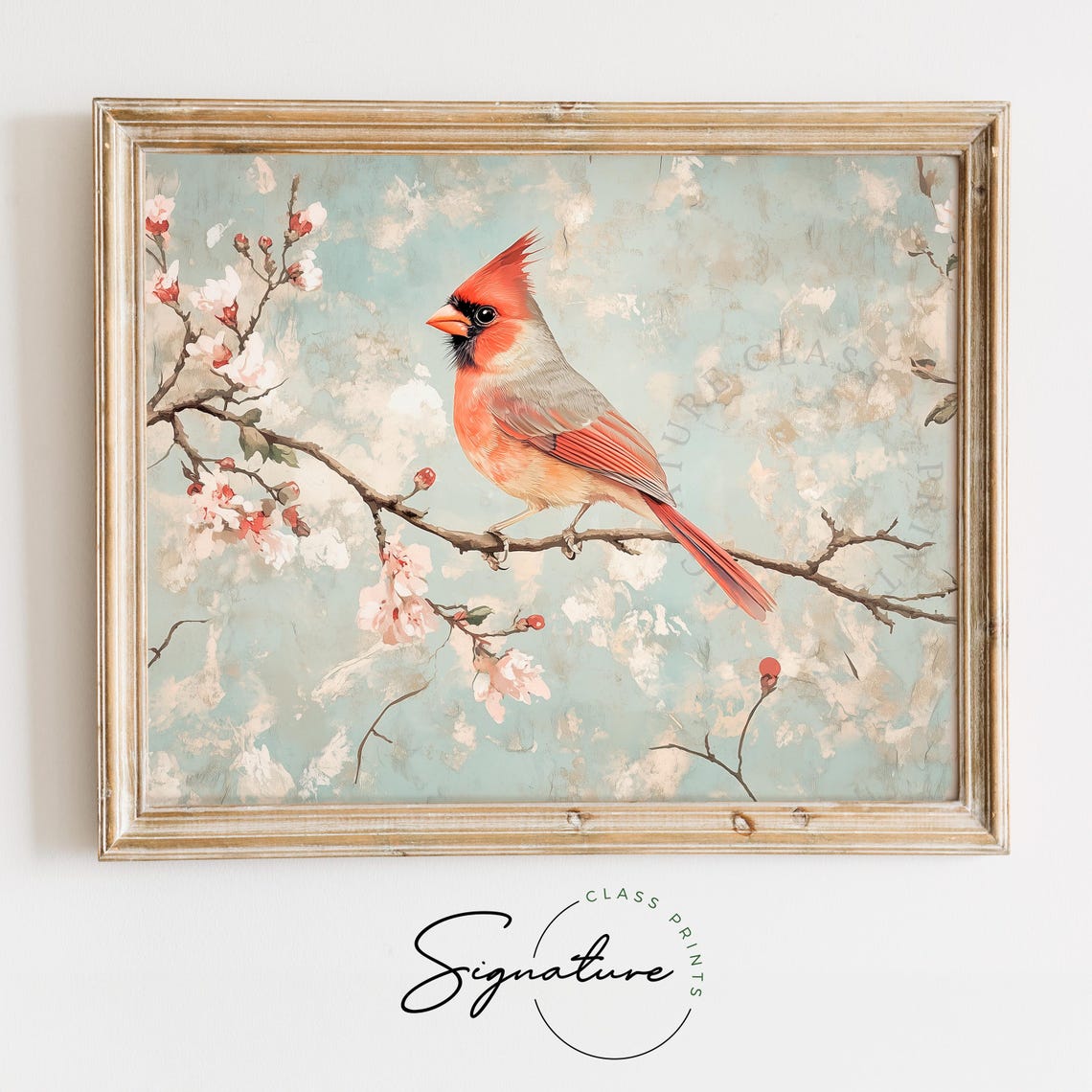 Bright Cardinal On Frosted Blossom Branch Vintage Bird Painting Poster