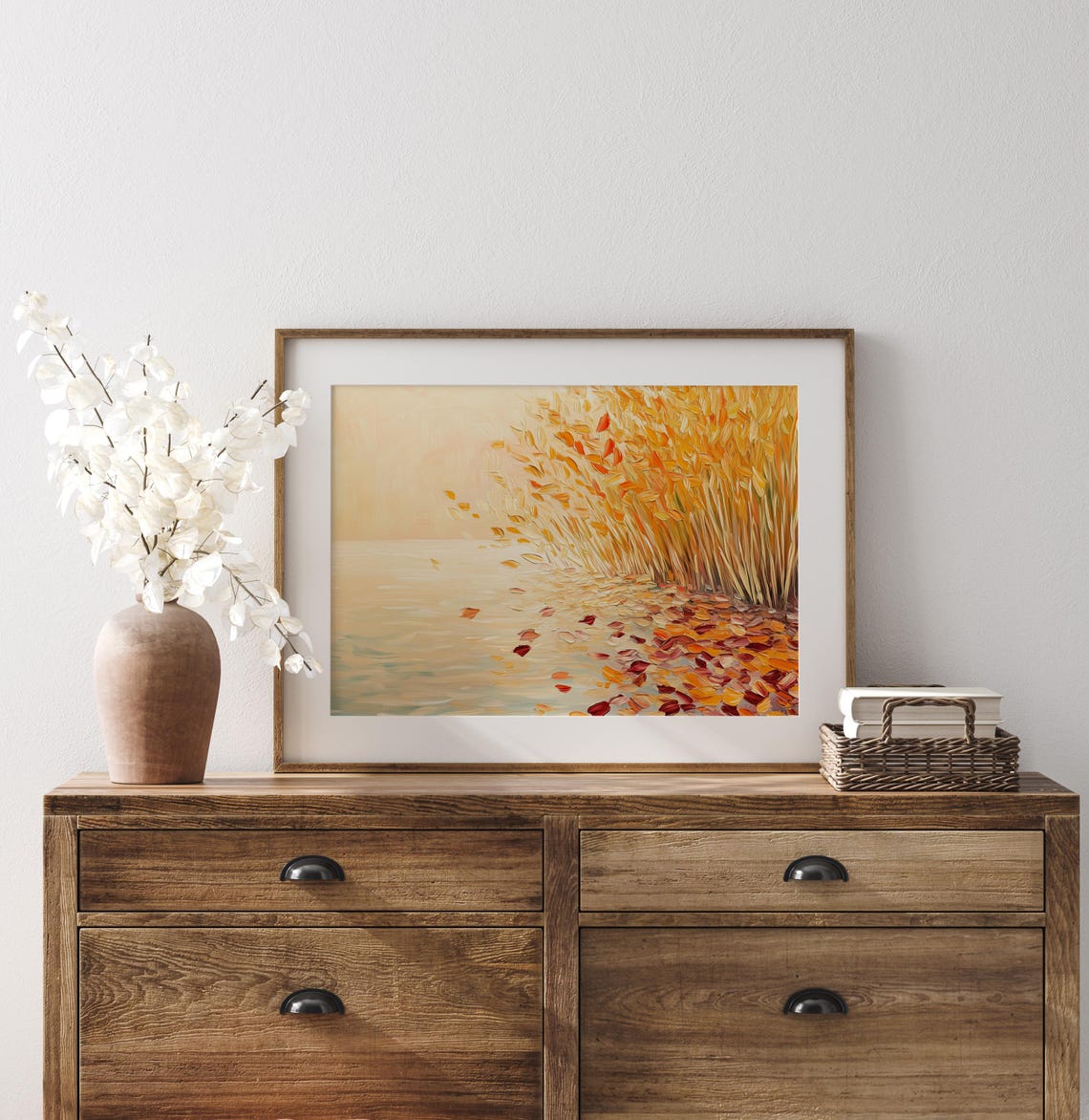 Minimalist Golden Reeds And Falling Leaves Soft Autumn Lakeside Poster - Image 3