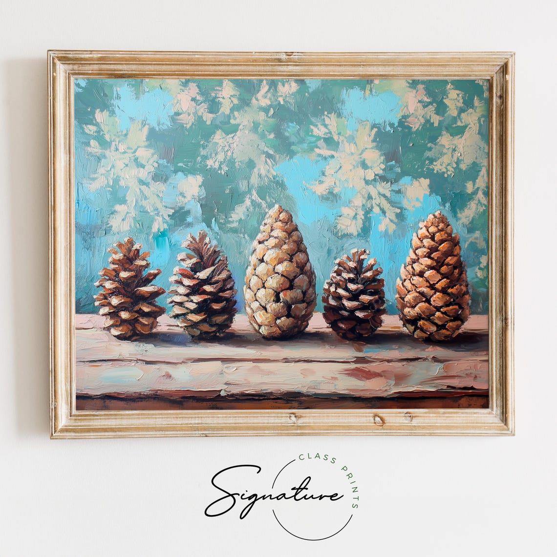 Five Pinecones On A Wooden Plank Against A Soft Blue Background Poster