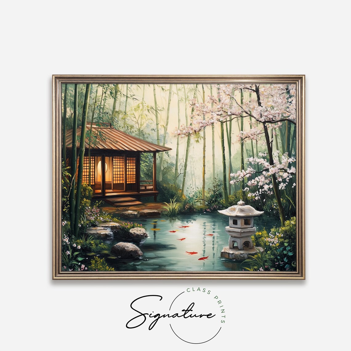 Japanese Tea House by Cherry Blossom Koi Pond Serene Garden Art Poster - Image 2