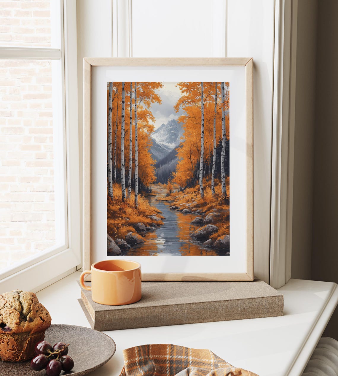 Autumn Birch Grove Stream Snowy Peaks Orange Reflections Poster - Image 6