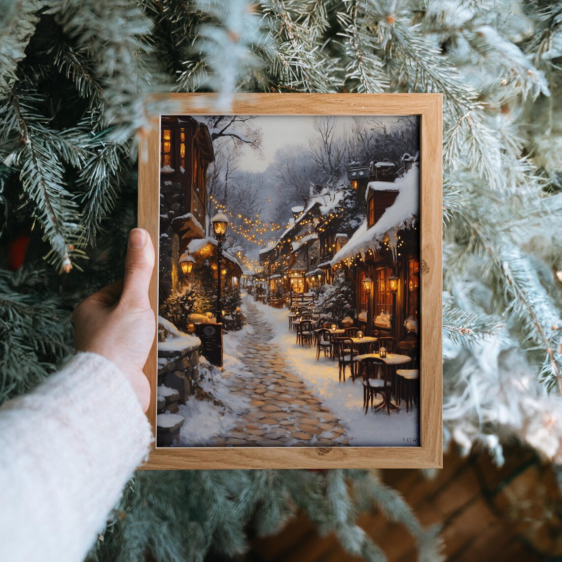 Winter Village Square With Cafe Lights, Holiday Art Print - Image 6