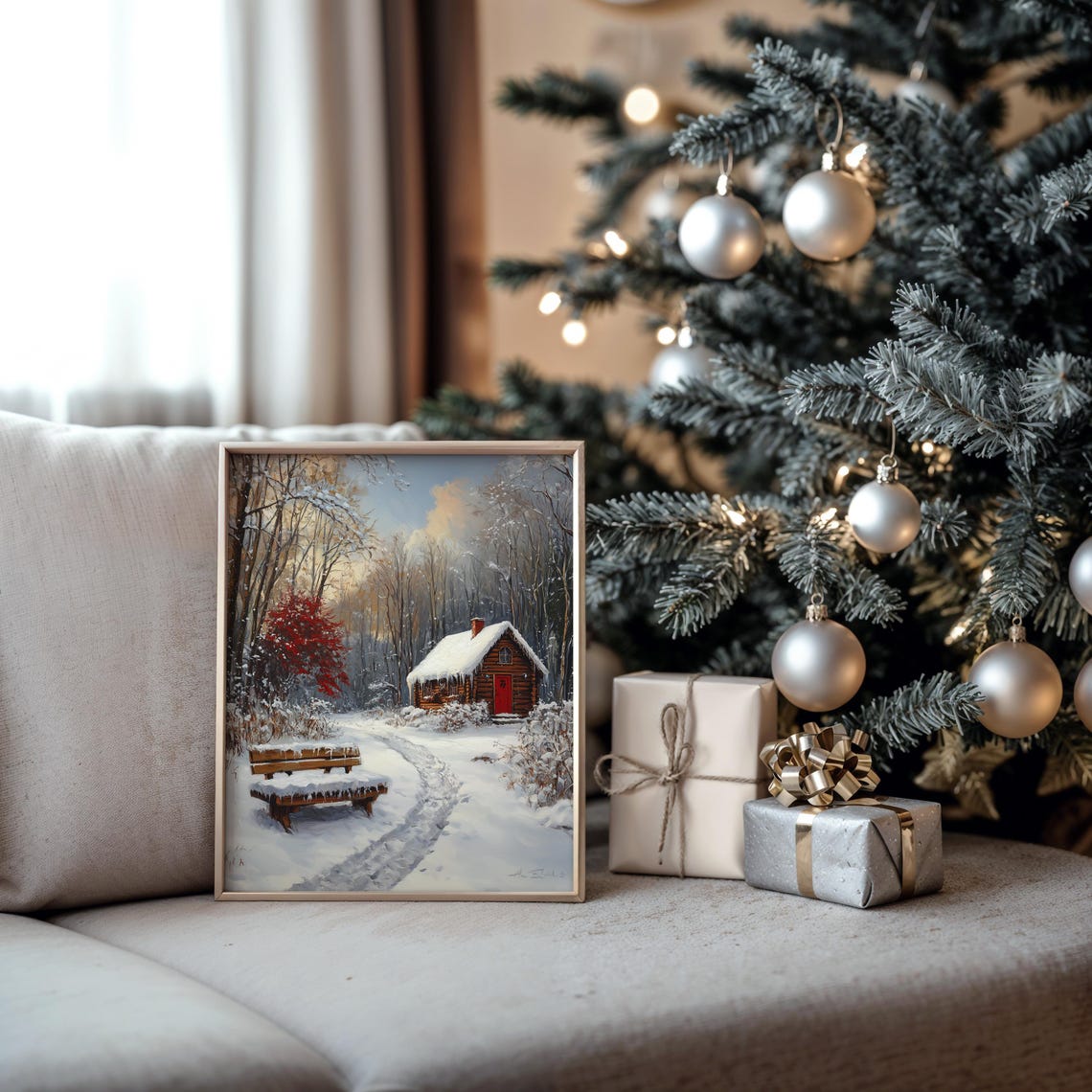 Red Log Cabin in Snowy Woods with Wooden Bench Winter Scene Poster - Image 5