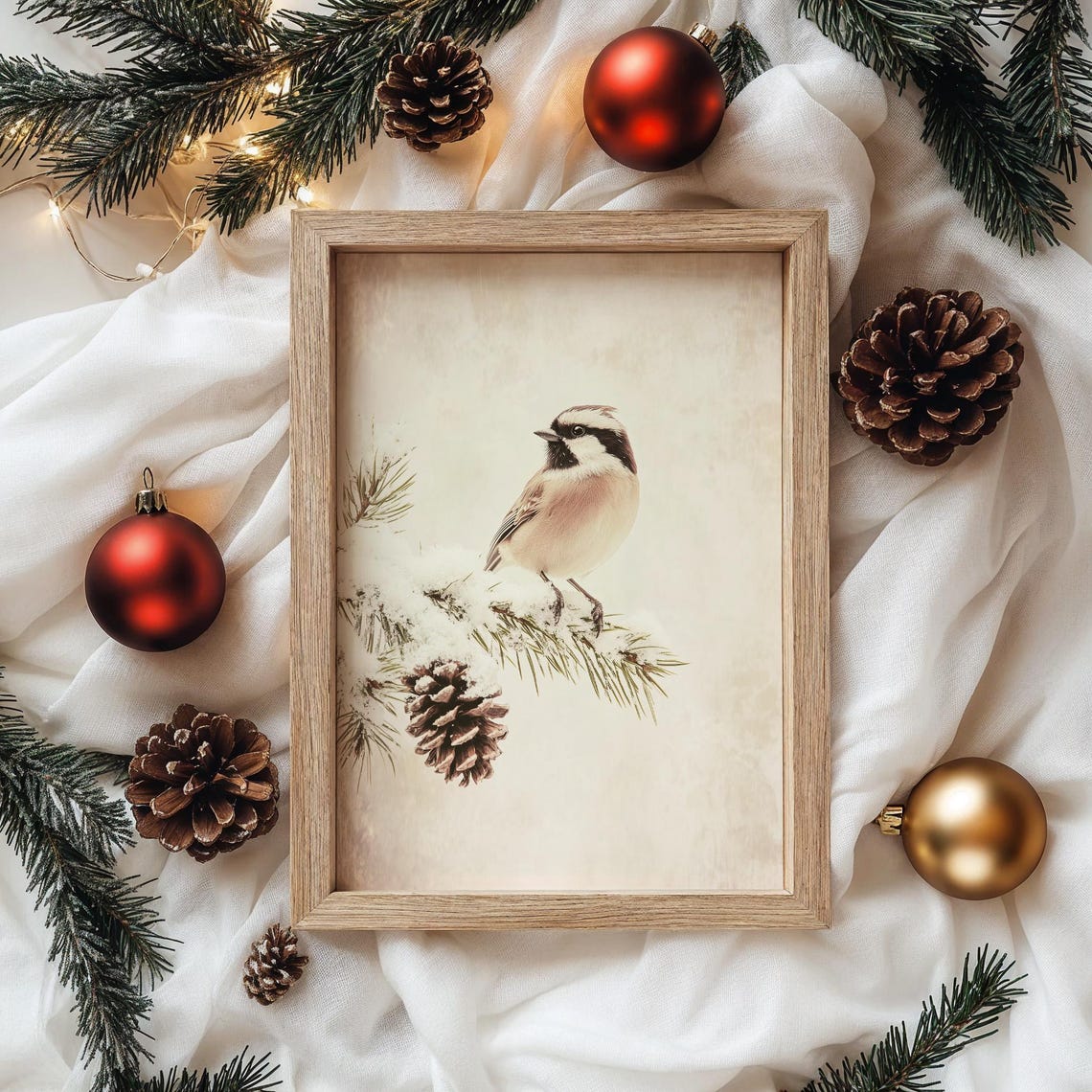 Snowy Chickadee Perched on Frosted Pine Branch Winter Bird Art Poster - Image 4
