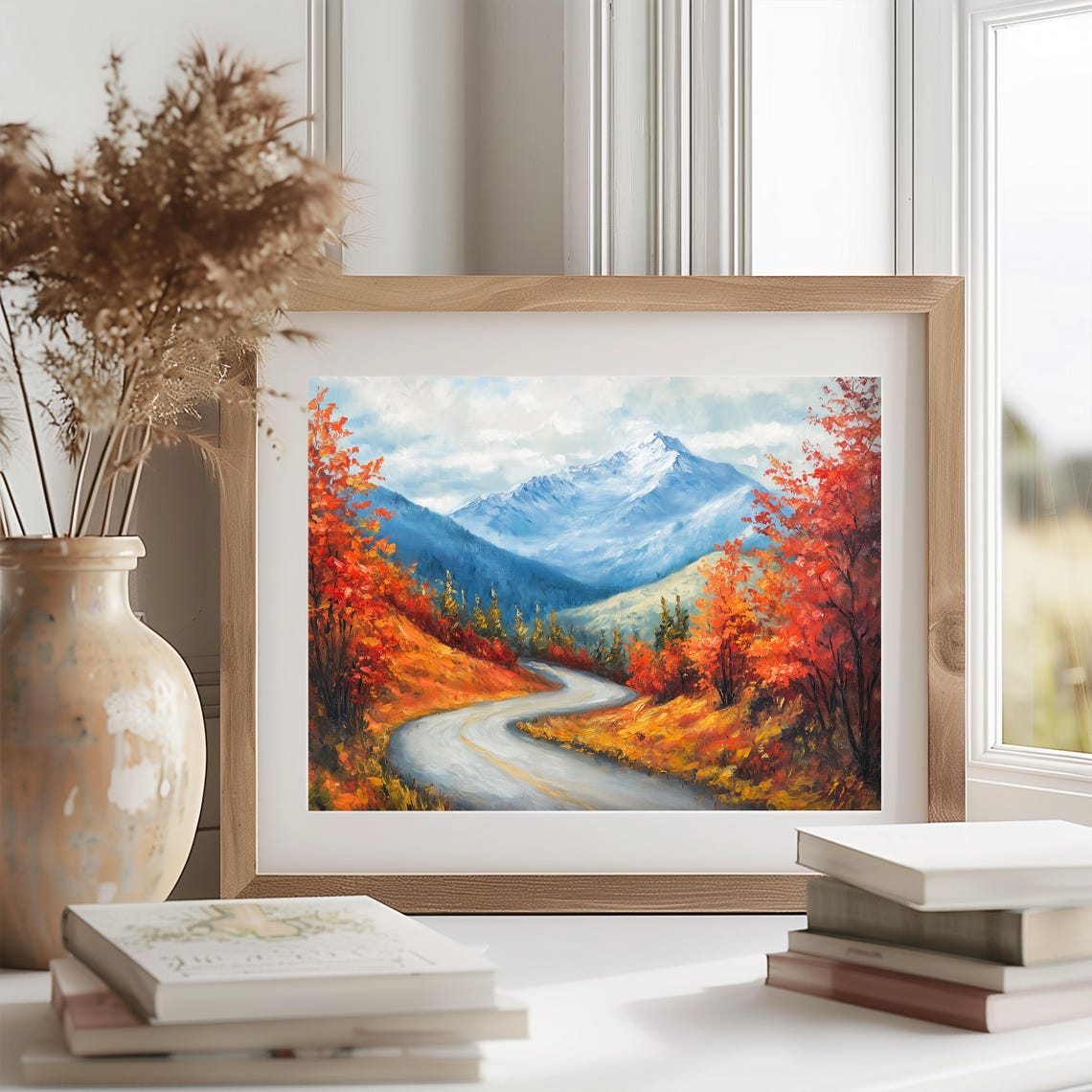 Winding Mountain Road Through Autumn Foliage Snowy Peak Poster - Image 2