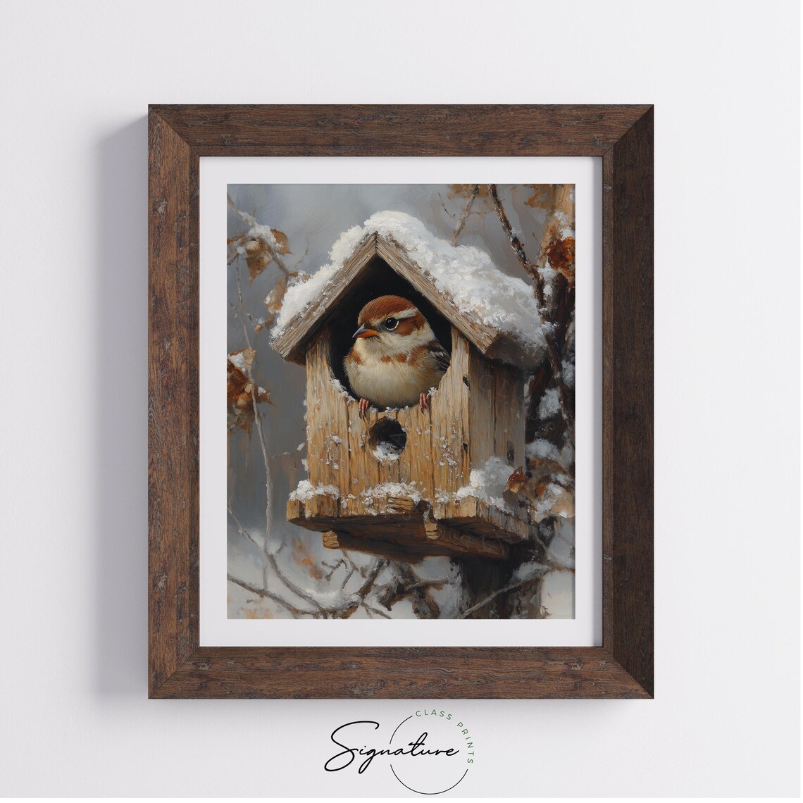 Sparrow Snowy Birdhouse Winter Bird Wildlife Cozy Cottagecore Art Poster - Image 2