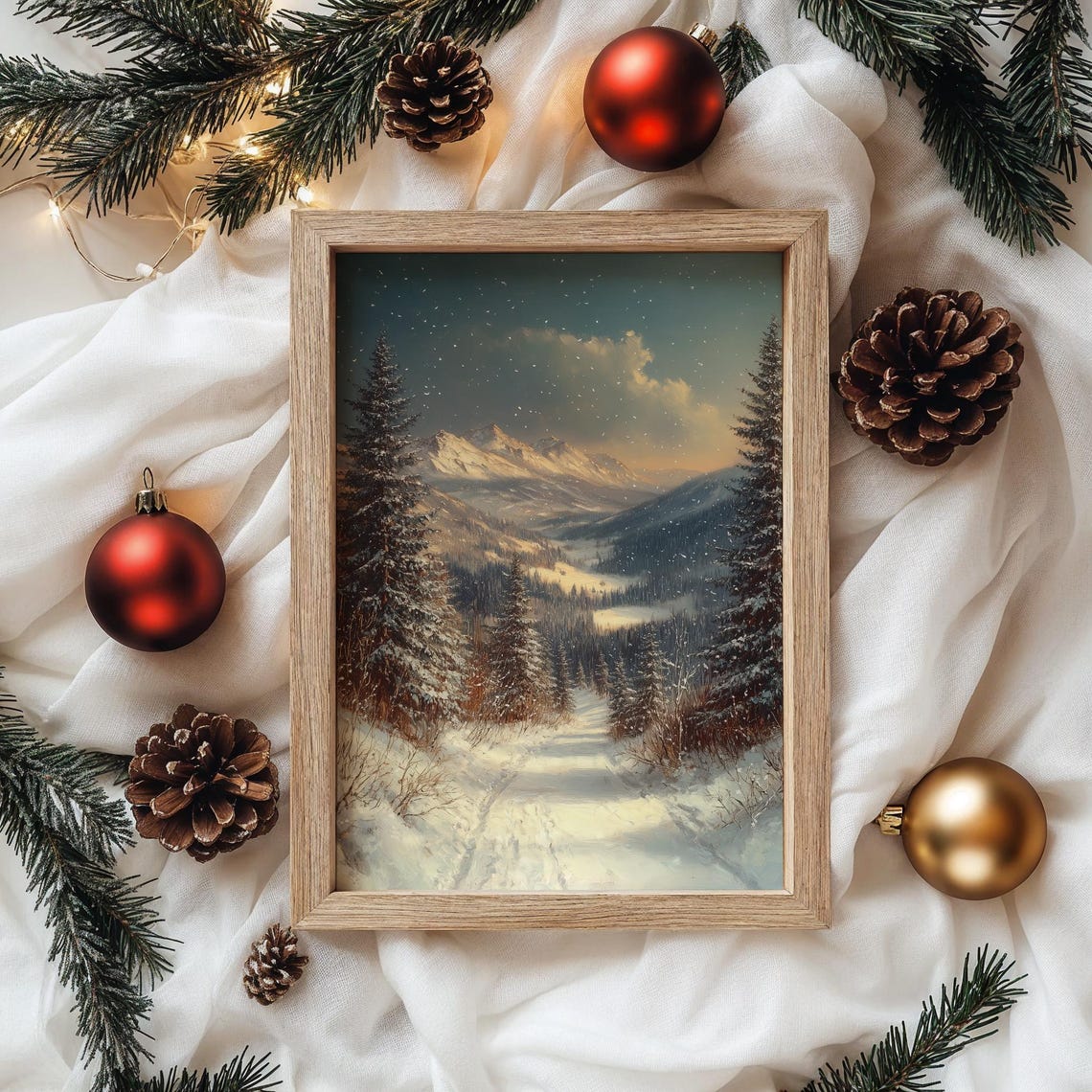 Snow Covered Mountain Valley Framed By Tall Pine Trees Poster - Image 4