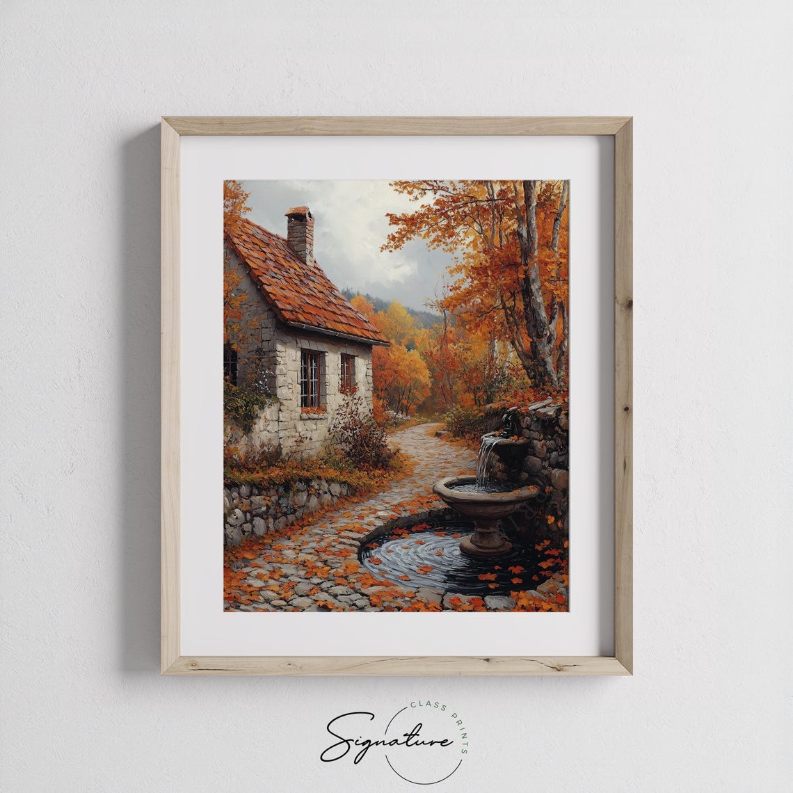 Stone Cottage Red Tile Roof Fountain Autumn Leafy Lane Print - Image 3