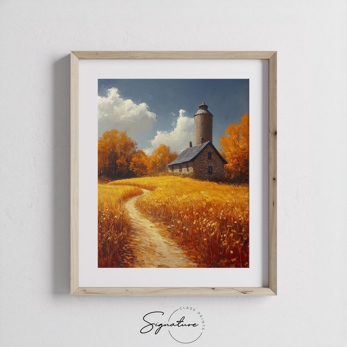 Stone Farmhouse With Tall Silo in Ripe Wheat Field Autumn Landscape Wall Art - Image 3