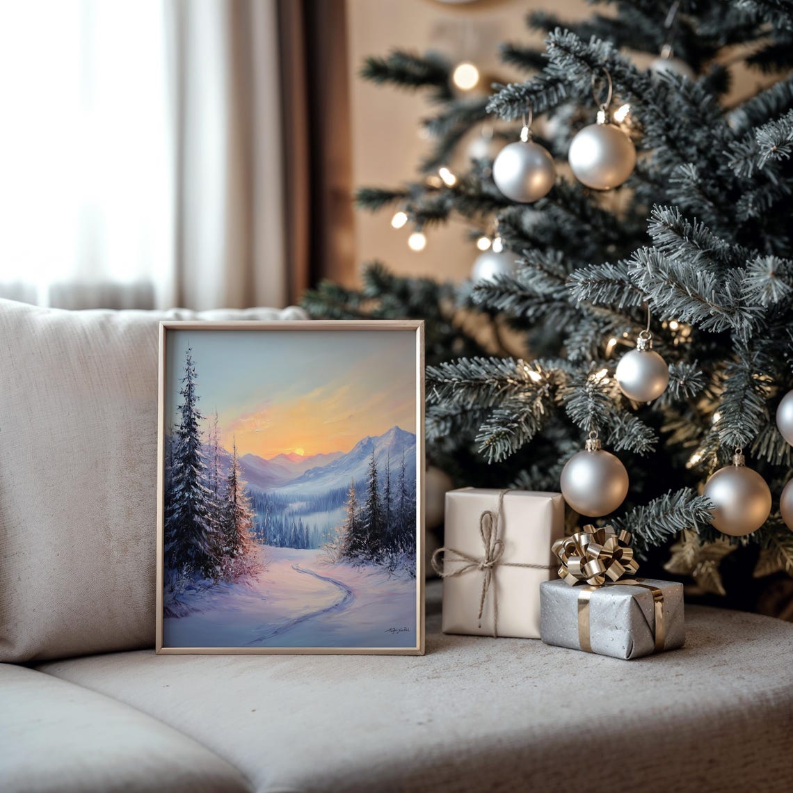 Beautiful Sunrise Over Snowy Mountain Path Winter Landscape Poster - Image 5