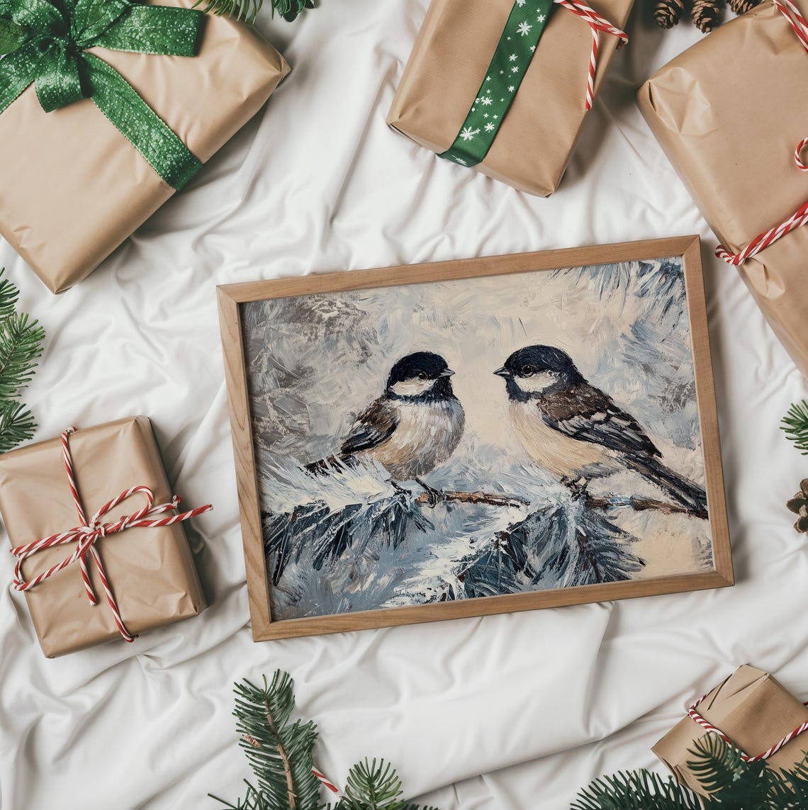 Two Chickadees On A Frosted Pine Branch In A Snowy Scene Poster - Image 2