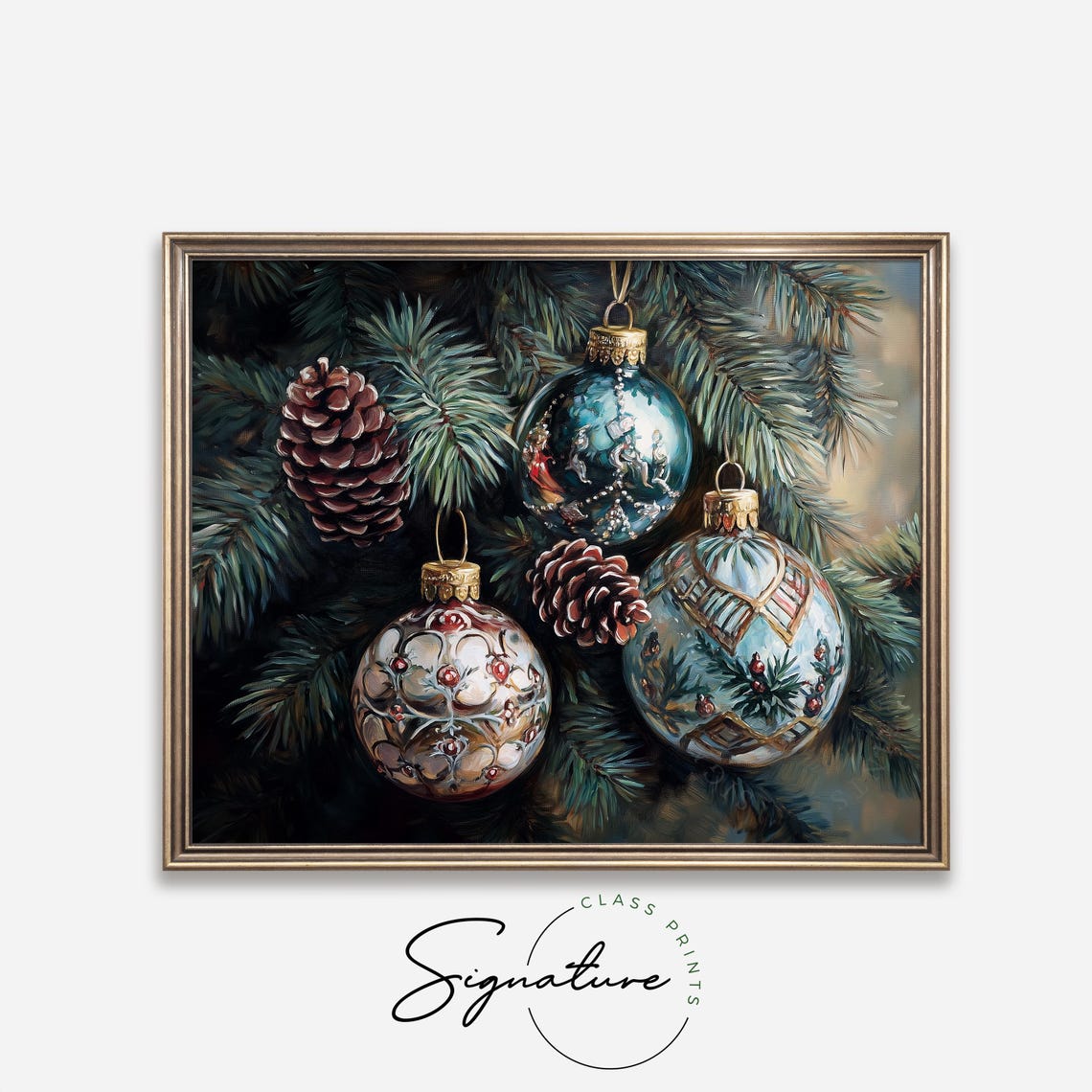 Ornate Teal Christmas Ornaments On Pine Branches Winter Art Poster - Image 4