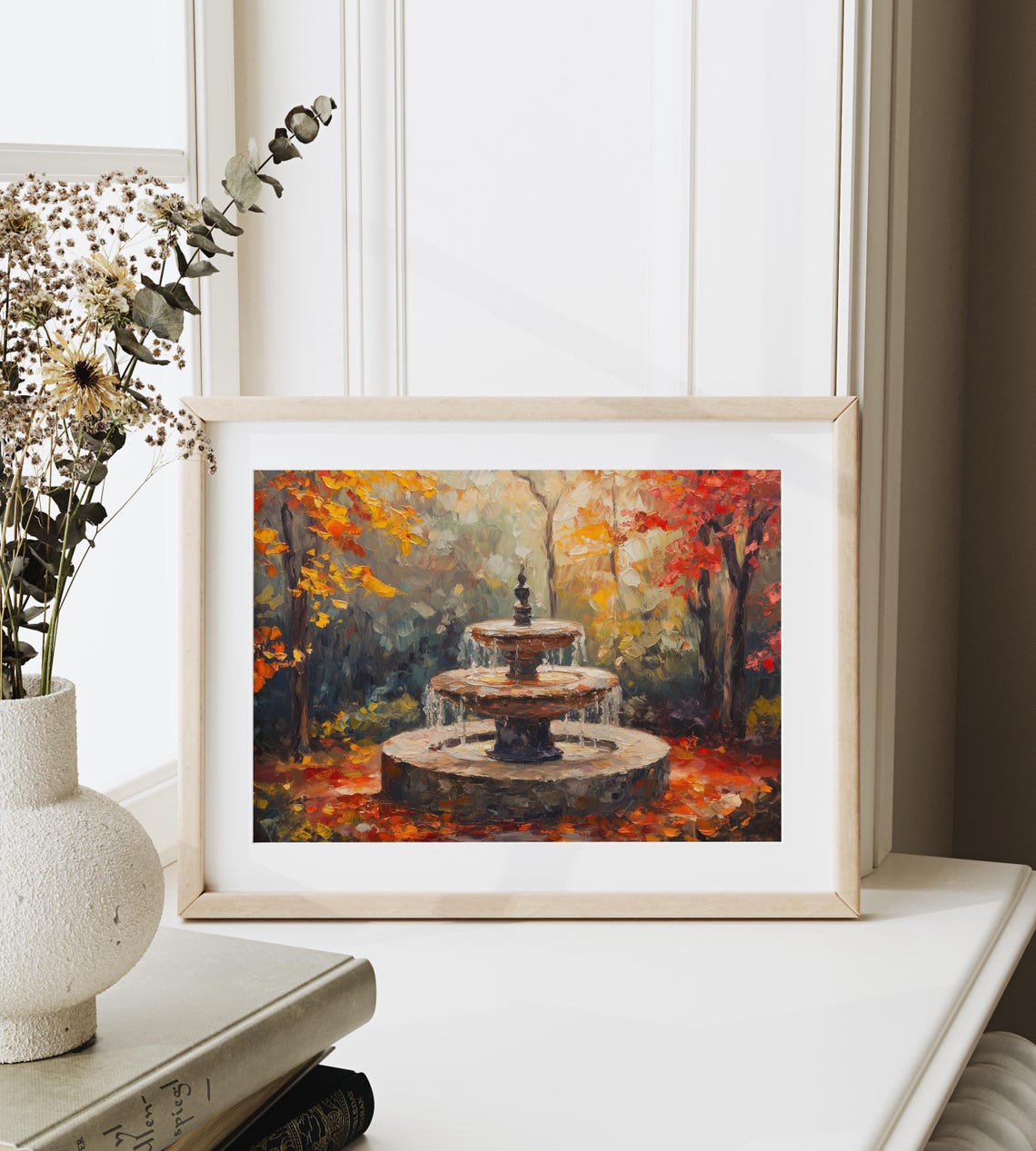 Autumn Garden Fountain Painting Fallen Leaves Rustic Fall Decor Poster - Image 6