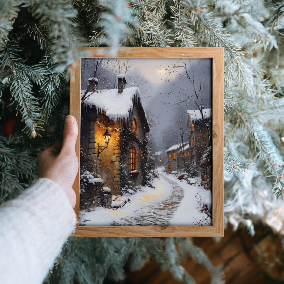 Snowy Stone Cottage Lane at Dusk with Glowing Lantern Poster - Image 6