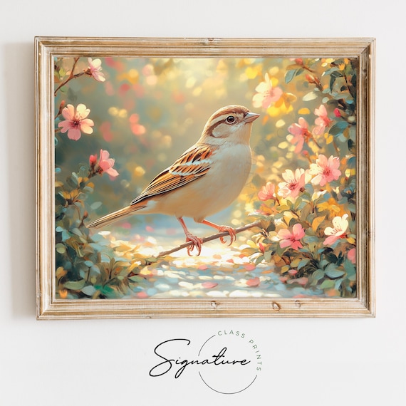 Sparrow On Blossom Twig In Sunlit Spring Garden Morning Poster