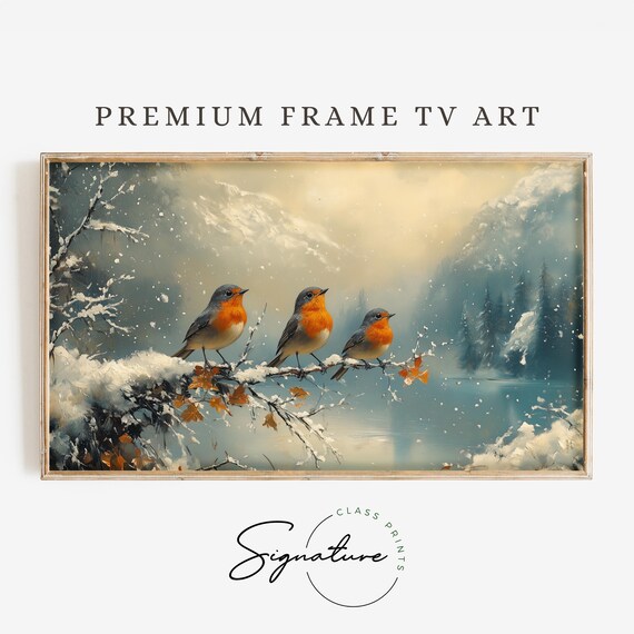 Robin Trio On Snowy Lakeside Branches In Falling Snow Winter Art Poster