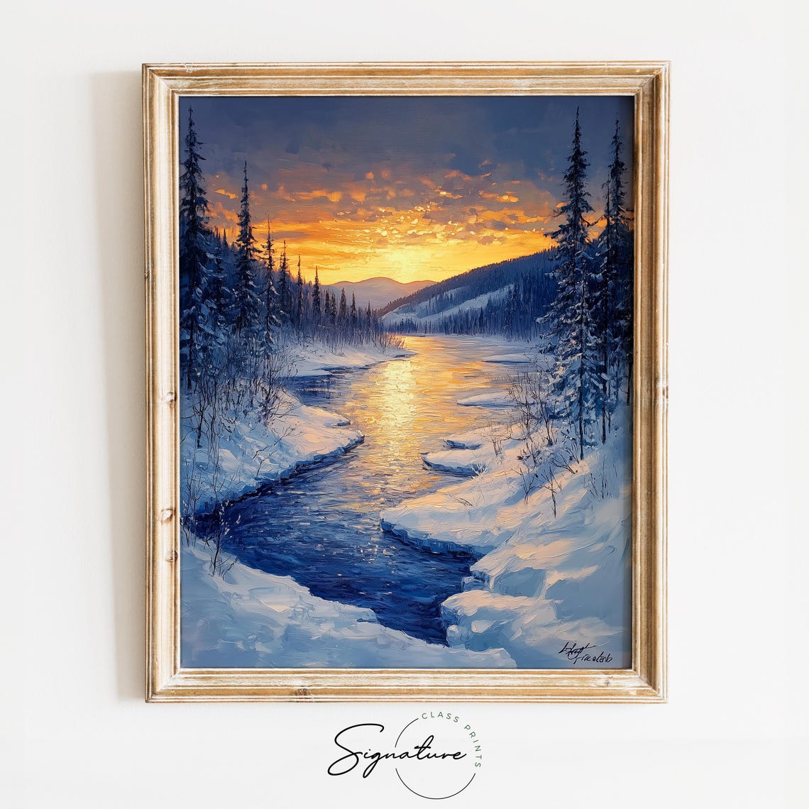 Golden Winter Lake In Snowy Pine Valley At Sunset Christmas Poster