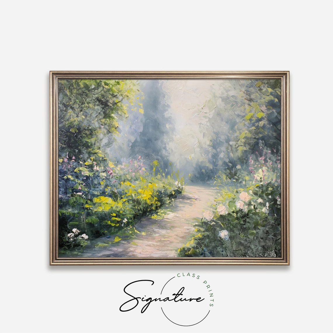 Sunlit Garden Path Lined with Colorful Flowers Impressionist Poster - Image 4