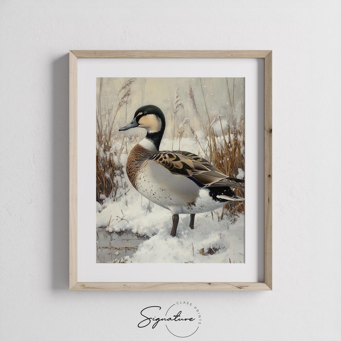 Duck Standing in Snowy Marsh Reeds Winter Wildlife Scene Art Poster - Image 3