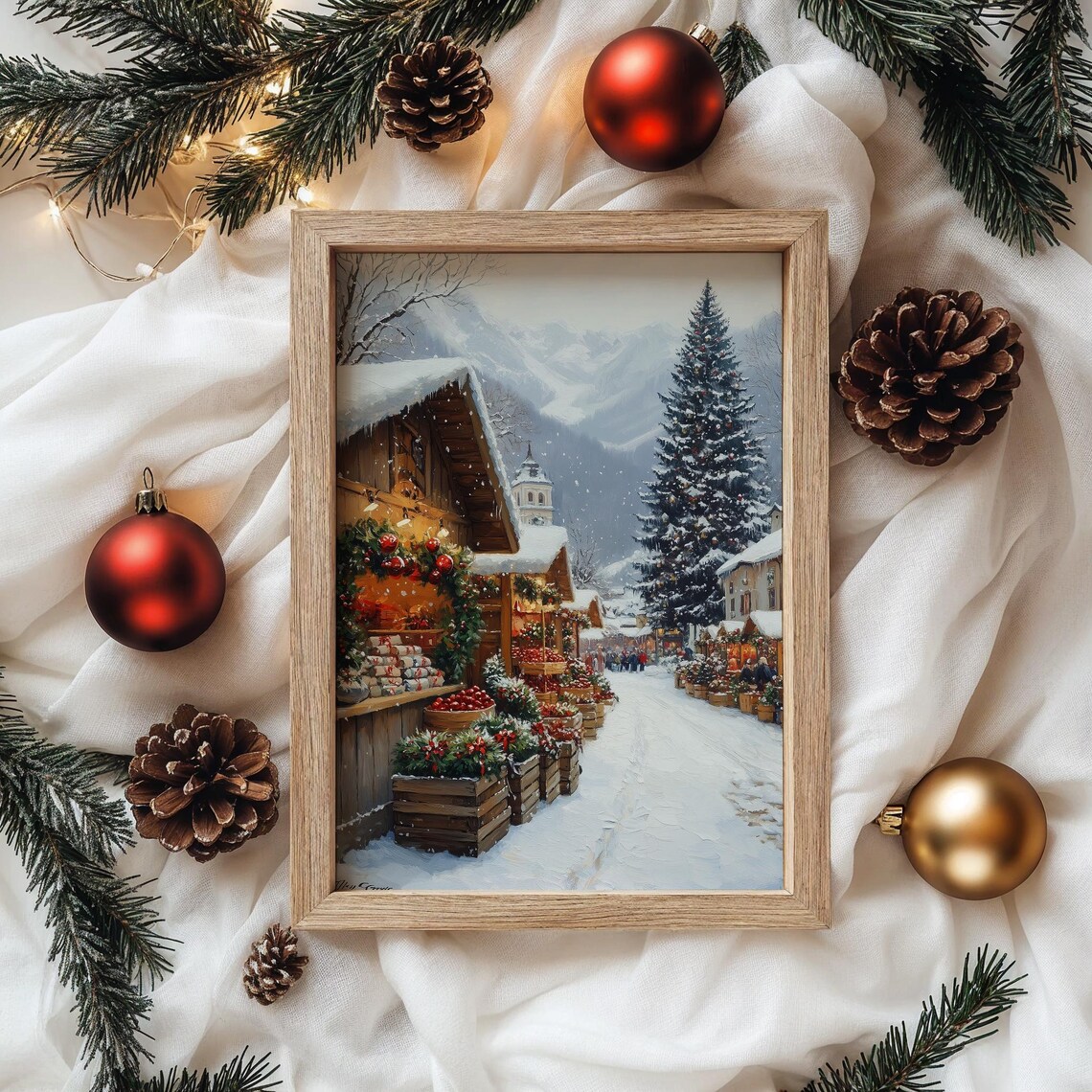 Alpine Christmas Market with Church Tree and Wooden Stalls Poster - Image 4
