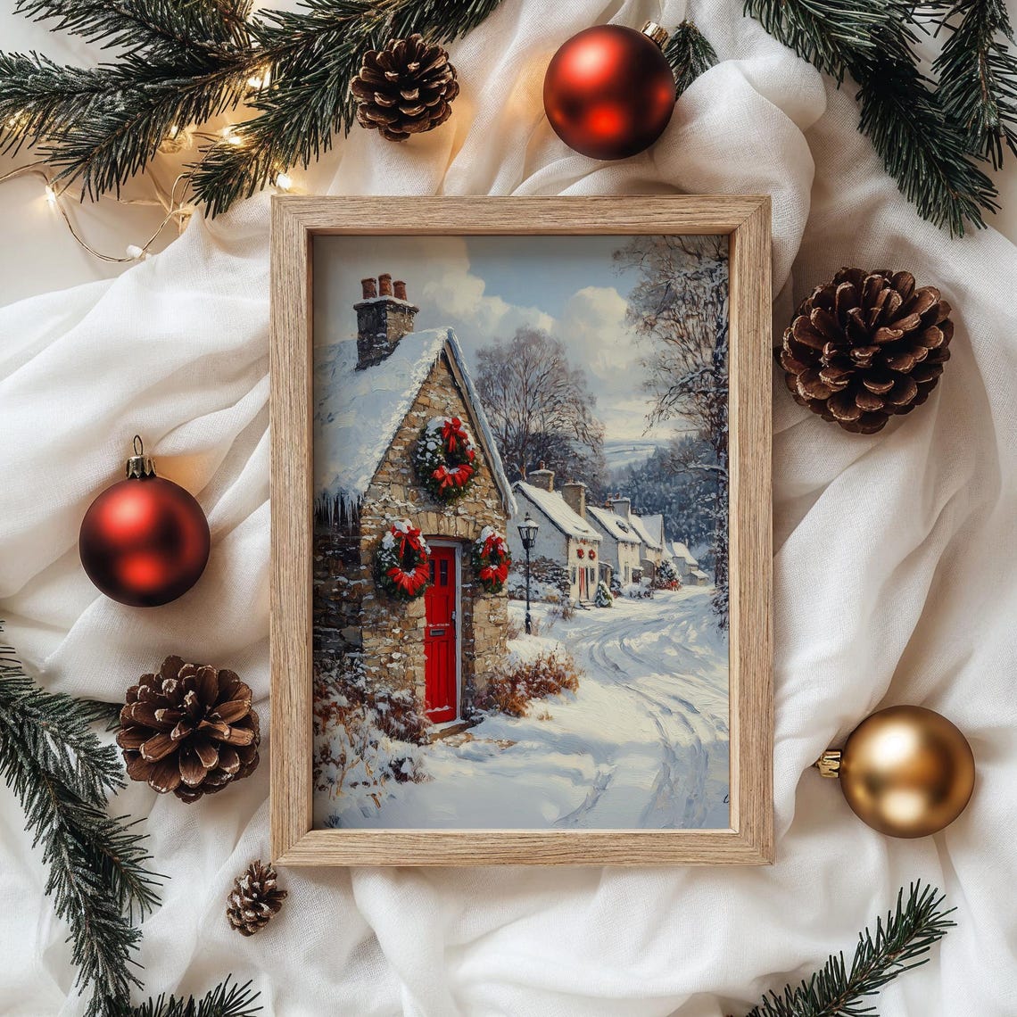 Stone Cottage with Red Door and Wreaths on Snowy Lane Poster - Image 4