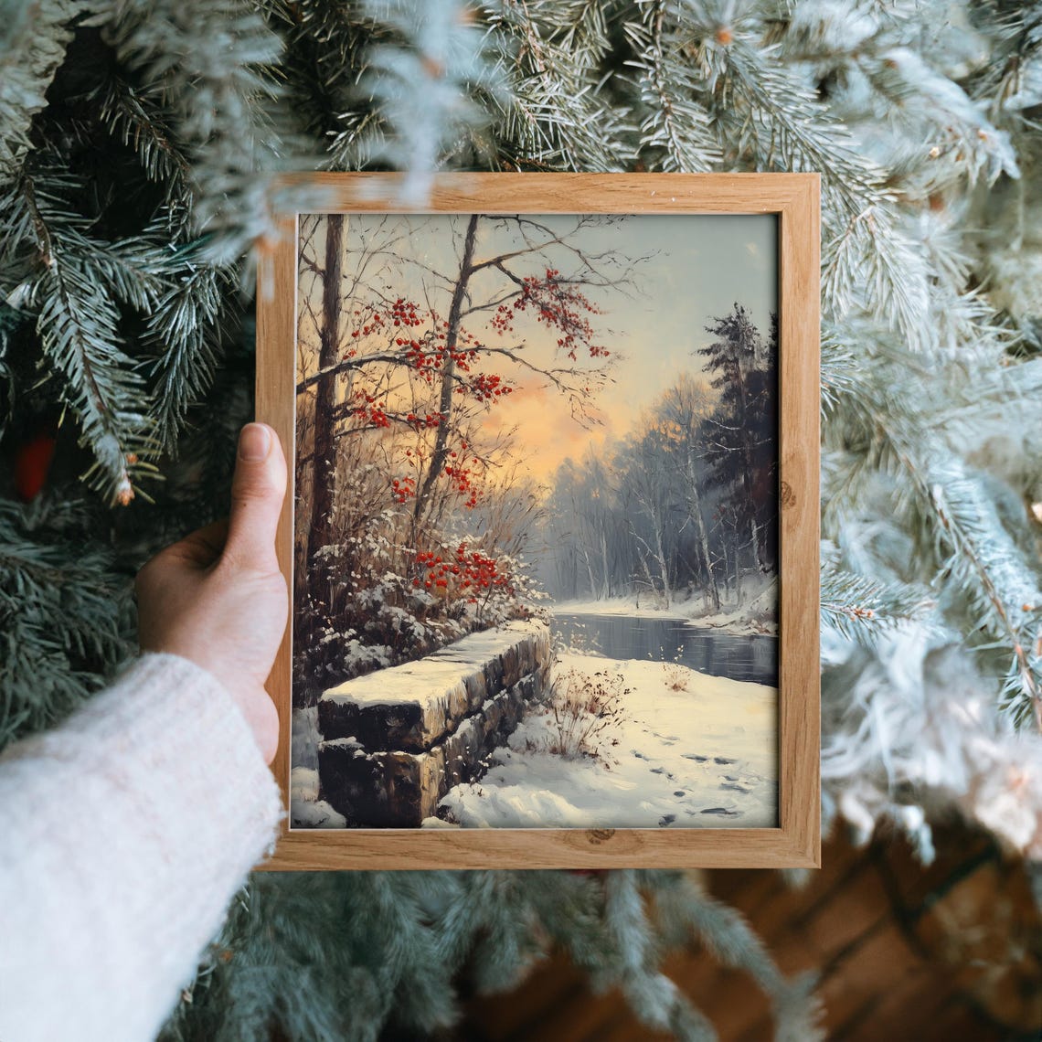 Snow-Covered Stone Bridge Over a Frozen River at Winter Sunrise Poster - Image 6