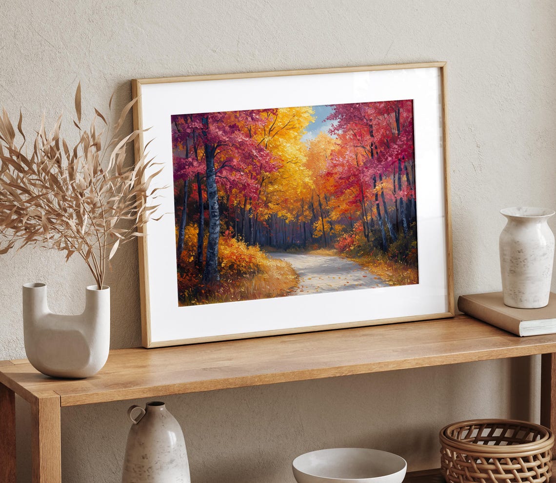 Autumn Forest Road Red Orange Trees Impasto Fall Landscape Wall Art - Image 4