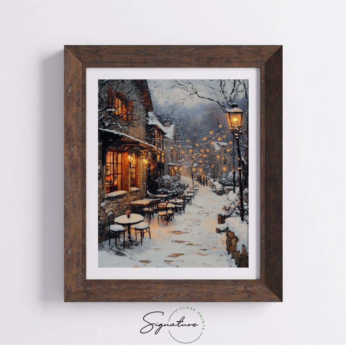 Snowy Village Square With Outdoor Cafe Winter String Lights Poster - Image 3