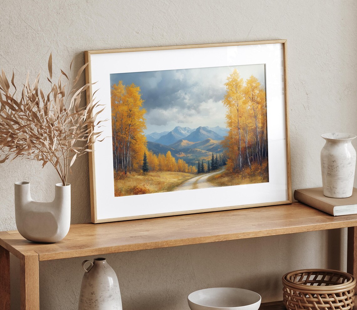 Golden Aspen Road Mountain Valley Oil Painting Autumn Poster - Image 4