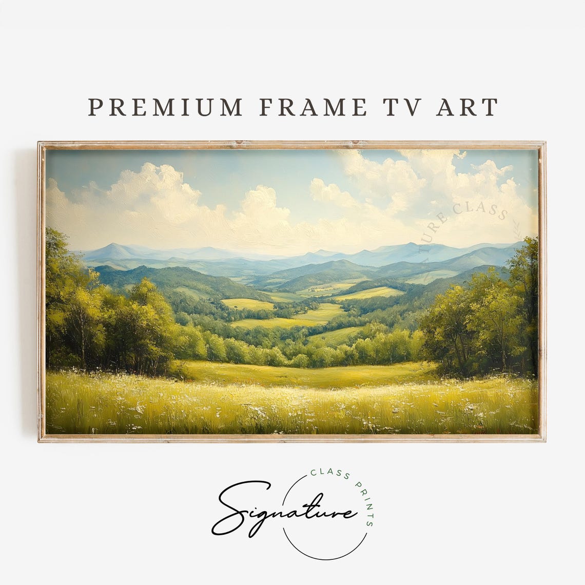 Golden Meadow Valley Rolling Green Hills Hazy Blue Mountains Wall Art