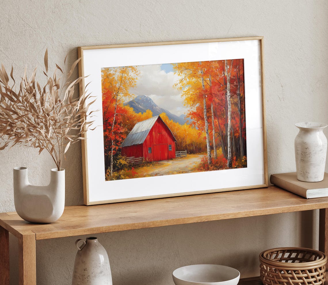 Red Barn Autumn Birches Mountain Fall Farm Landscape Wall Art - Image 4