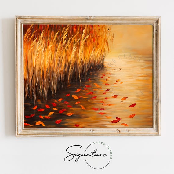 Autumn Reeds And Falling Leaves By The Water Moody Fall Landscape Art Rustic Earthy Decor Cozy Cottagecore Wall Art Print 1640