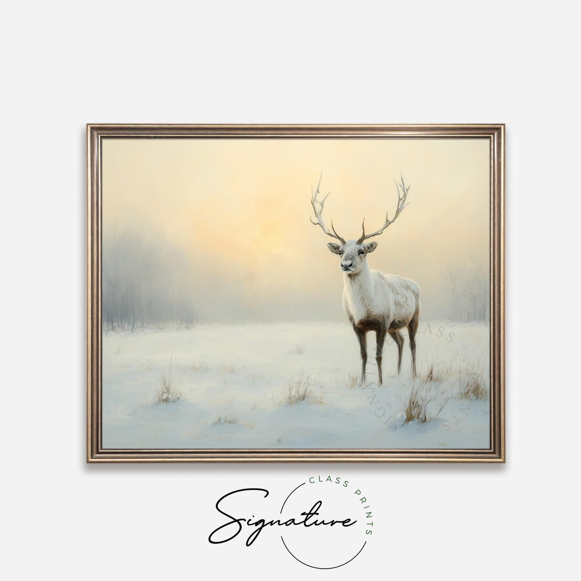 White Stag Standing in Snowy Field at Sunrise Winter Wildlife Poster - Image 4