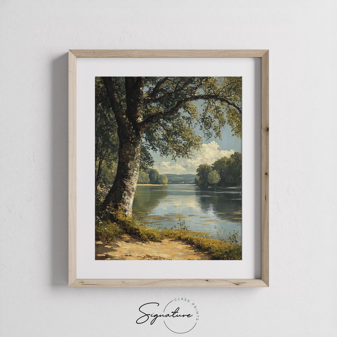 Serene River Under Big Oak Tree Tranquil Green Lake Landscape Poster - Image 2